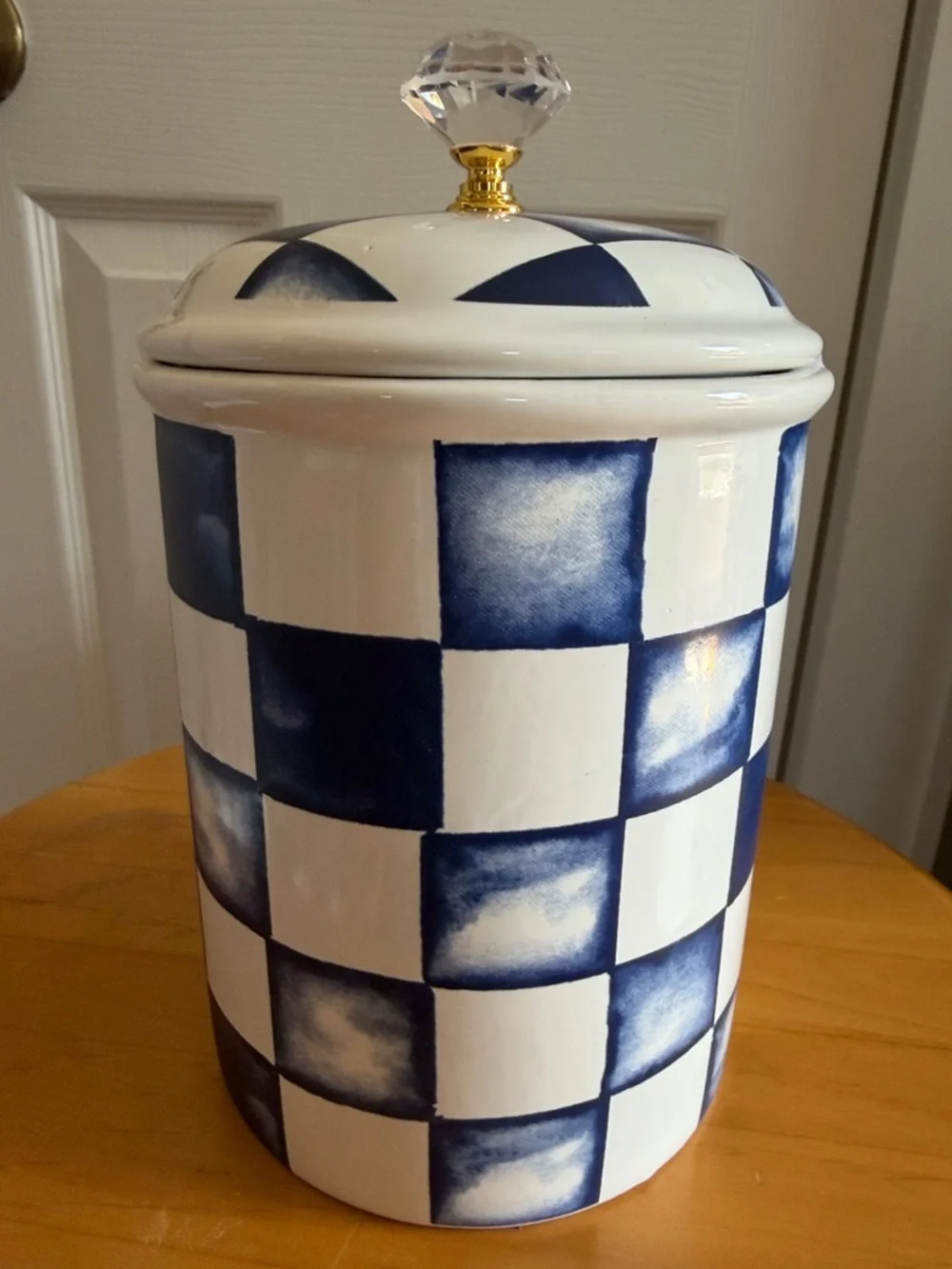 Blue & White Checkered Ceramic Canister with Clear Knob on Lid